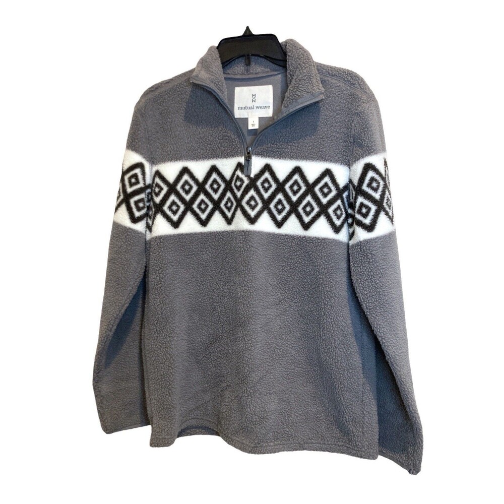 Mutual Weave Men's Small 1/4 Zip Pullover Fluffy Sweater Coat Gray Ivory Print
